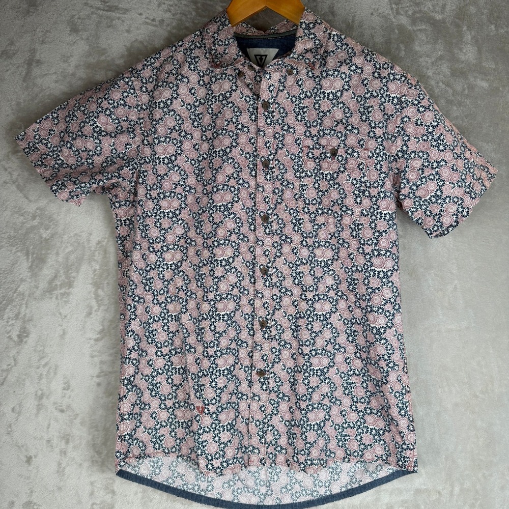 Vissla Mens Medium Short Sleeve Button Down Shirt Navy Floral Mandala Print
